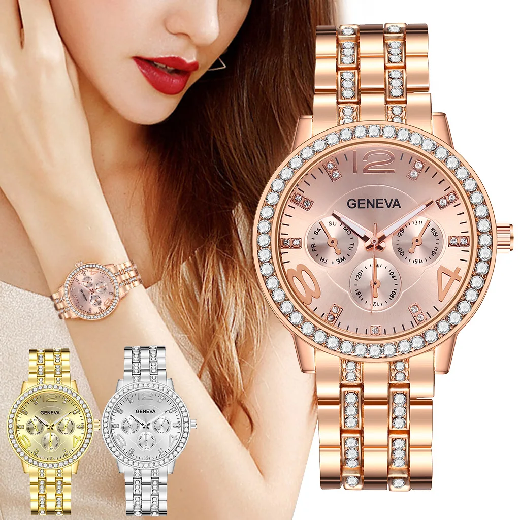 Quartz Wrist Watch Out Watches Stainless Steel Wholesale Casual Fashion Jewelry Ice Design Shiny Three Eyes Full Diamond Women