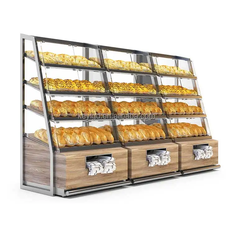 Customized Supermarket Bakery Display Cabinet Wooden Furniture Tier Shelf  Bread Display Rack