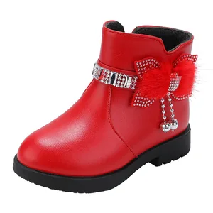 Winter Kids Designer Child Non-Slip Girls Kids Winter Boots Bow Soft Sole Thickened Thermal Pu Leather Kids Boots Girls