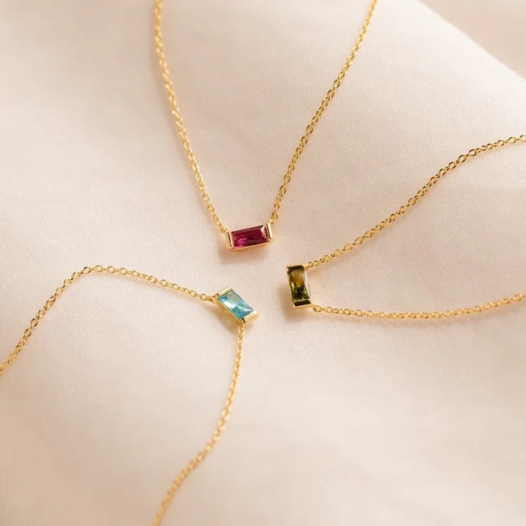 Dainty Minimalist 18k Gold Plated 925 Sterling Silver baguette Cz Diamond Birthstone Pendant Necklace Wholesale