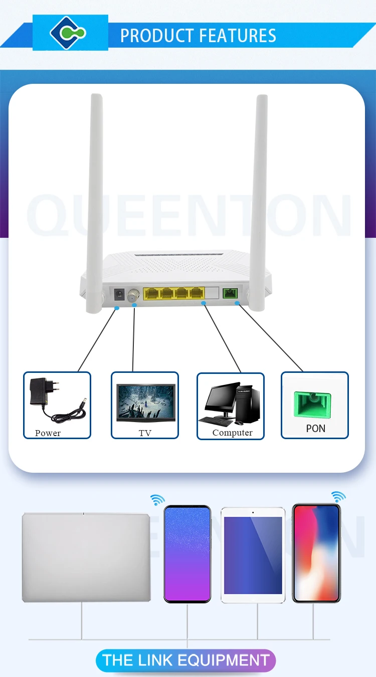QUEENTON CATV XPON ONU 1GE 3FE WIFI Router Modem , RF Port GEPON CATV ...