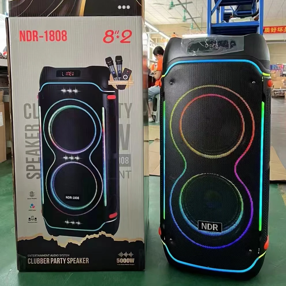 NDR1808 8 Inch Big Power Wireless Blue-tooth Outdoor Karaoke Speaker with 2 Mic RGB Light Stereo Bass HIFI Music Party Speaker