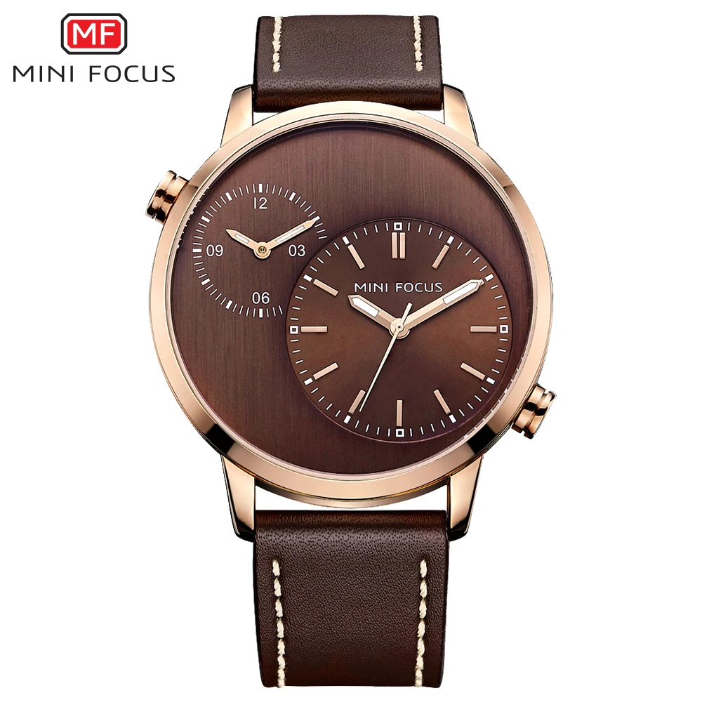 MINI FOCUS MF0035G Elegant  Men Quartz Watch Rose Golden 2 Time Zone Marine Dial  China Luxury Casual Watches
