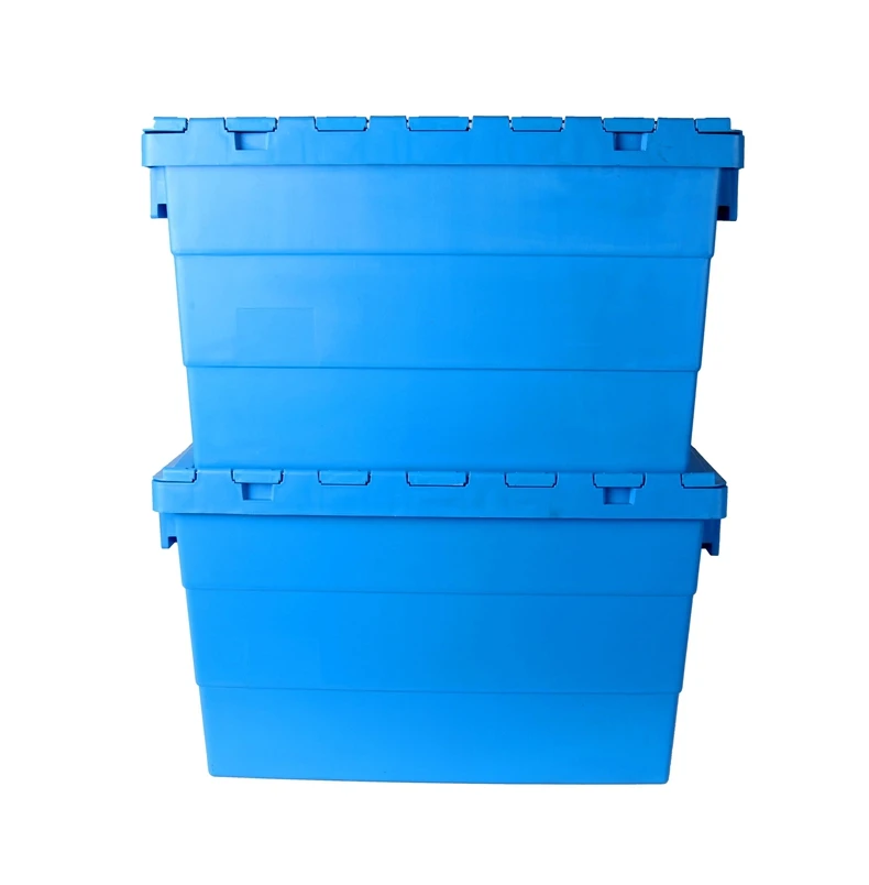 Standard Blue Attached Lid Container Plastic Storage Transport Tote Box Custom Logo Color Nestable Stackable Plastic Moving Crat supplier