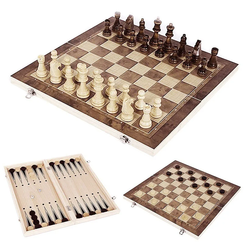 Backgammon Checkers Travel Group Game Chess Chessboard Game Chess Set High Quality Wooden Three in One Portable Folding 3 in 1