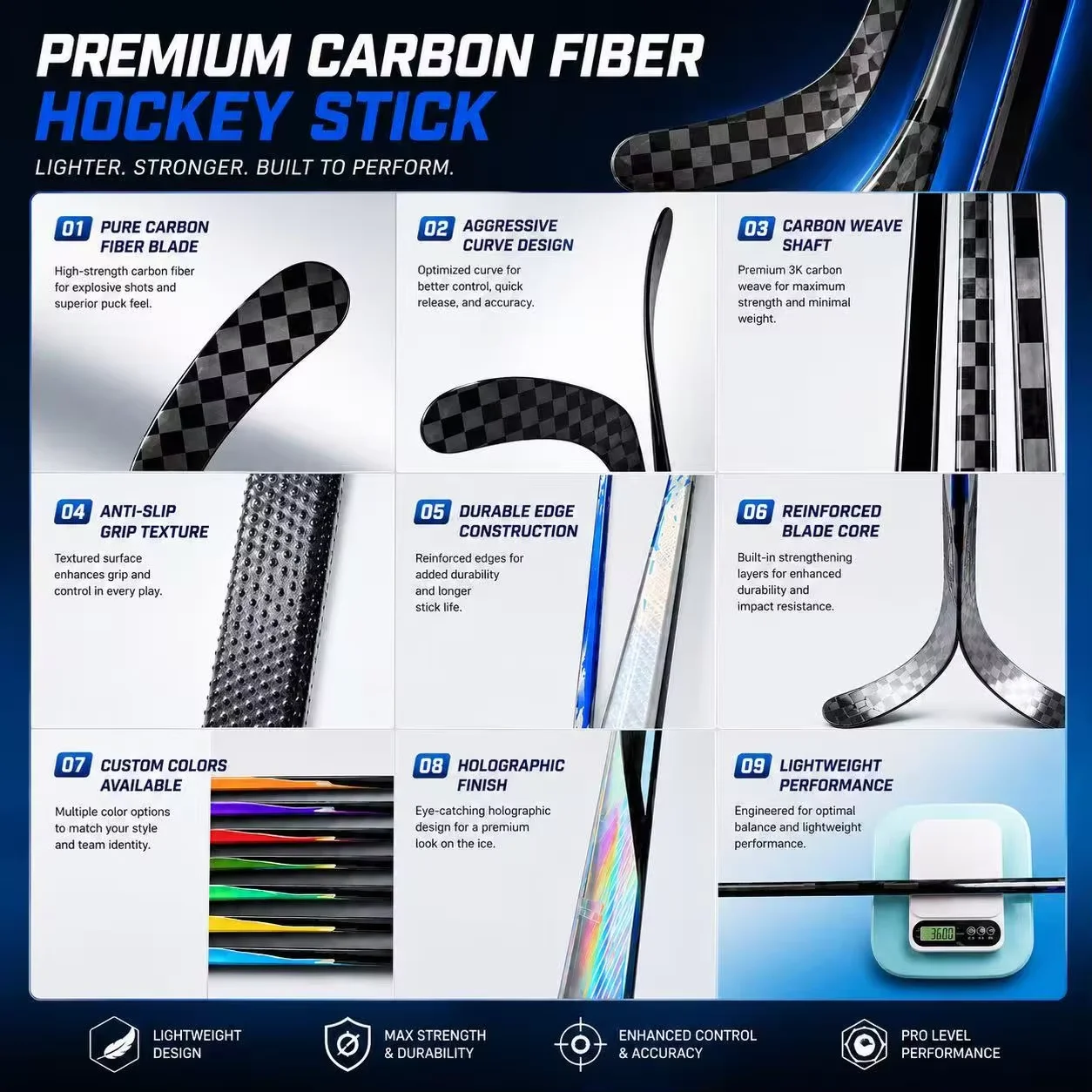 Premium 12K Carbon Fiber Ice Hockey Stick Instant Blade Response Senior Youth Pro Stock One Piece Composite Material