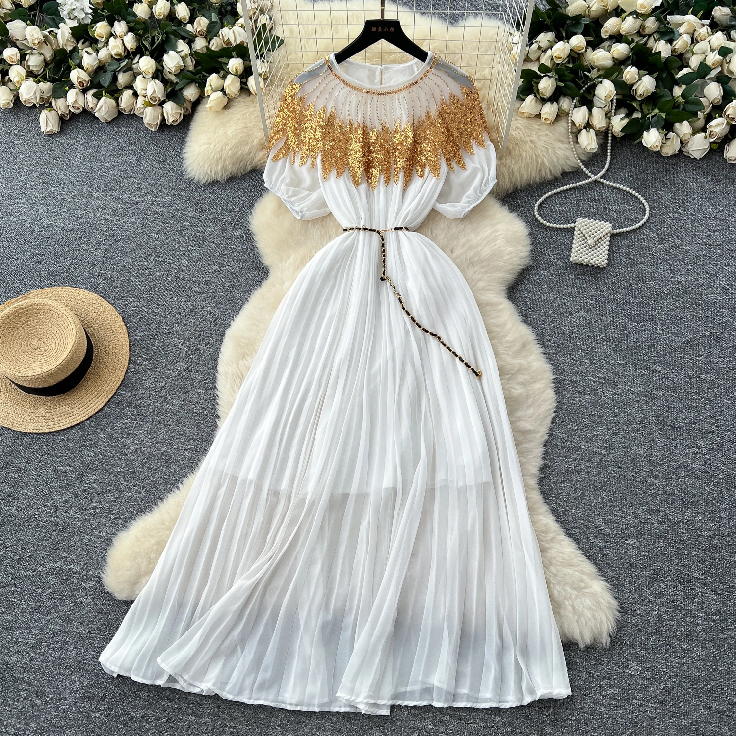 Vintage Dress Embellished Sequin Beaded Cape Sleeve Bubble Dress Heavy  Workmanship Pleated Gown Dresses for Ladies