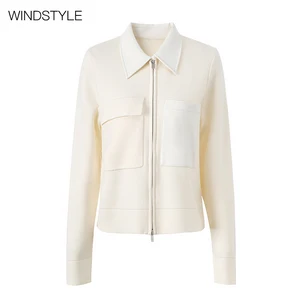 Custom Women's PU Leather Zipper Sweater Long Sleeve Top Polo Collar Stitching Formal Casual for Autumn Breathable Knitted