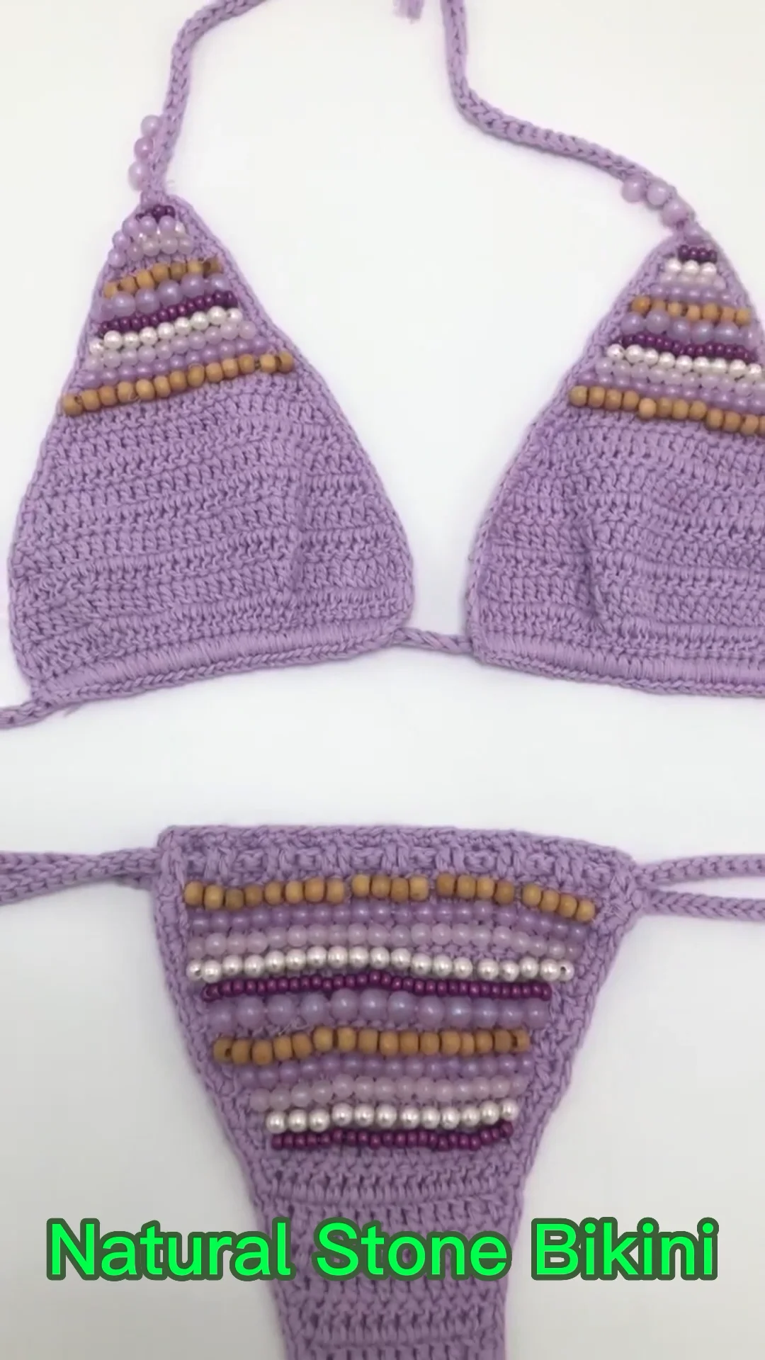 Women's Purple Micro Bikini De Bain Femme Crochet Tankini Swimwear with  Natural Stone Beads and Imitation Pearls Mini Style