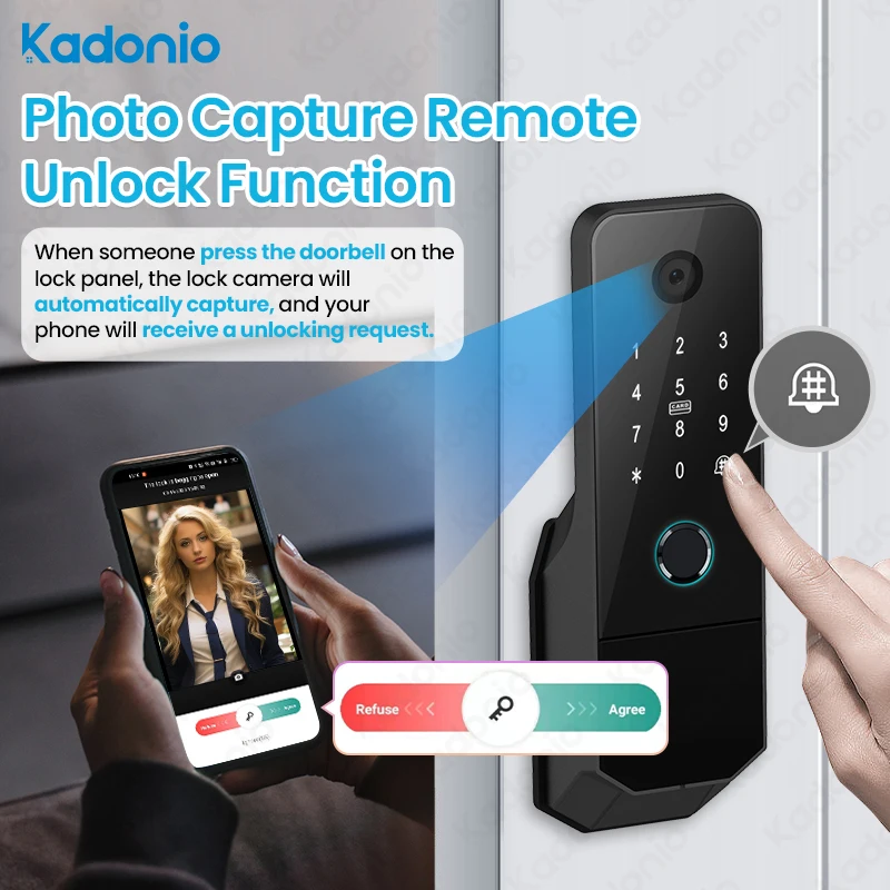 Kadonio WIFI Control Automatic Fingerprint Password Keyless Camera Door Bell Digital Smart Rim Lock With Display Screen
