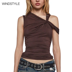 Solid Satin Satin Tank Top with Asymmetrical Collar Pleated Design and Slim-Fit-Breathable Fashion Short Length
