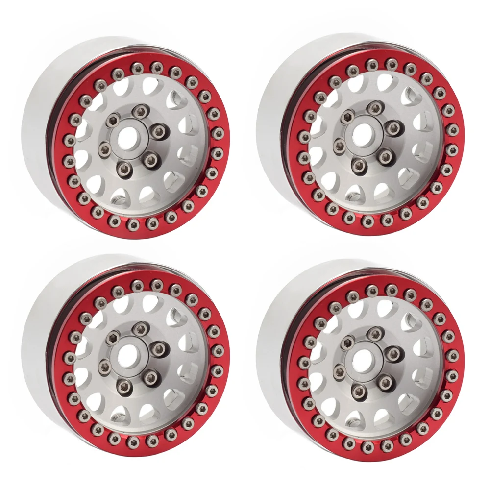 NTFHOBBY 1/10 Scale RC Crawler Wheel SCX10-KM2 RR10 TRX-4 D110 D90 Red-Silver Black*4PCS 1.9 inch Beadlock Wheel Hub Rims