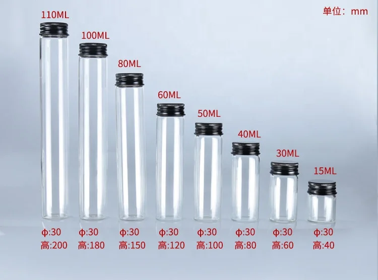 Clear 15ml 30ml 40ml 50ml 60ml 80ml 100ml 110ml Glass Bottle with Black Aluminum Screw Cap Refillable Storage Tube Screw Top
