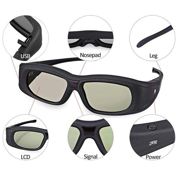 DLP 3D-bril, 144Hz Oplaadbare 3D Active Shutter-bril voor de Meeste DLP Link 3D-projectoren, 40 Uur Continu Werk, 3D-bril voor XGIMI ZX4 H1 voor JMGO G1 G3 X1 voor Enz.(WX60
