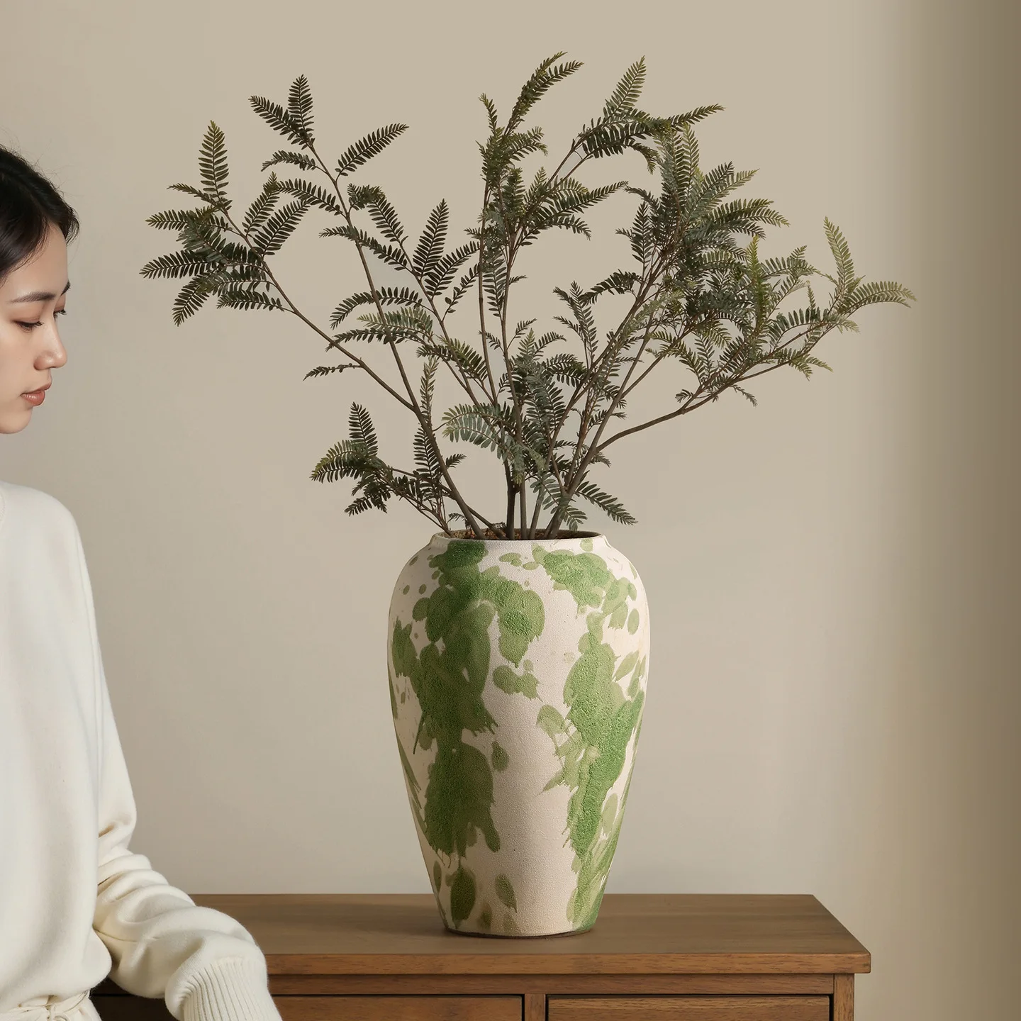 Green Splatter Ceramic Vase Matte Finish Wabi Sabi Style Rustic Home Decor Living Room Dried Flower Arrangement Statement Piece