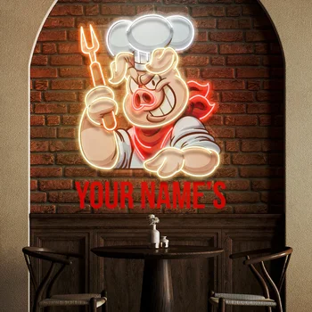 BBQ Pigs LED Neon Sign – Cute Pig Light For Restaurant, Bar, Home Wall Decor, 15.7" X 9.1", USB Powered, Dimmable, With Hanging Chains (Pink/White Glow)