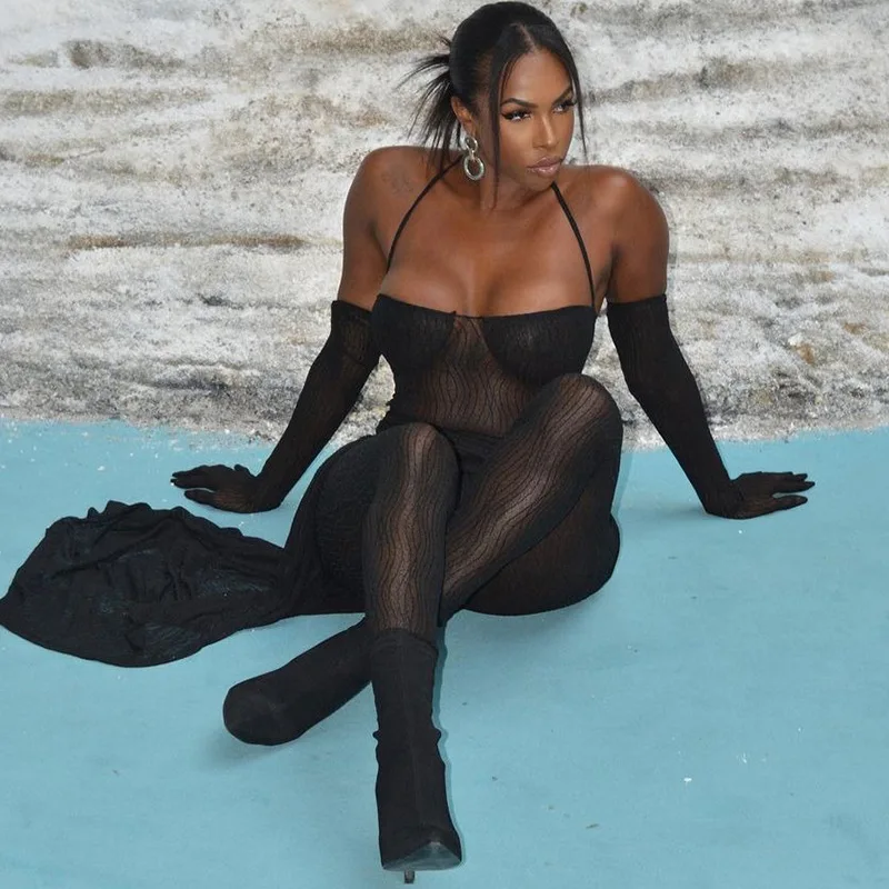 Lagerfe  9948 Haltermesh See Through  Bodysuit Slit Long Skirt Solid Women'S Dresses 2022 Fashion Party Club American Clothing