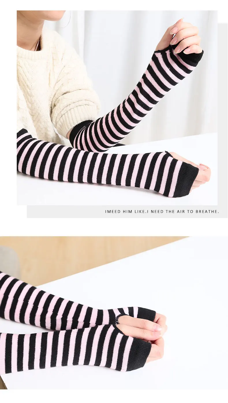 2021 Autumn Winter Women Anime Black White Striped Elbow Gloves Warmer Knitted Long Fingerless Arm Gloves Mittens Christmas Gift