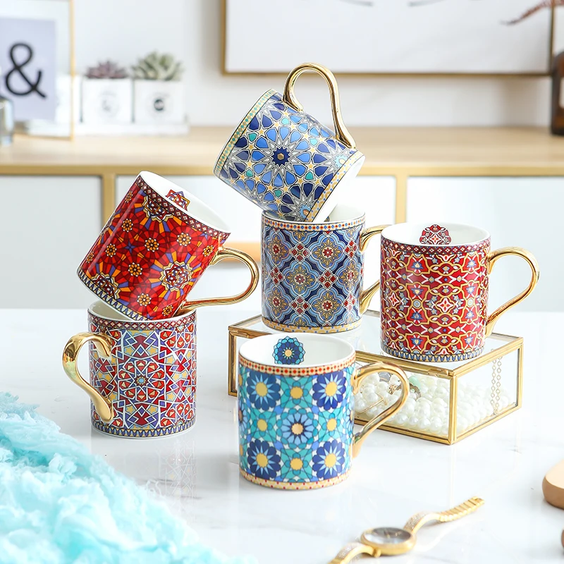 Vintage Moroccan Style Ceramic Coffee Cups with Gold Handle