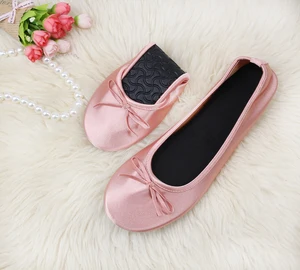 Customized Ladies Satin Ballet Flats Parties Foldable Travel Shoes Toe Light Disposable Upper Fabric Insole Rubber/EVA Spring