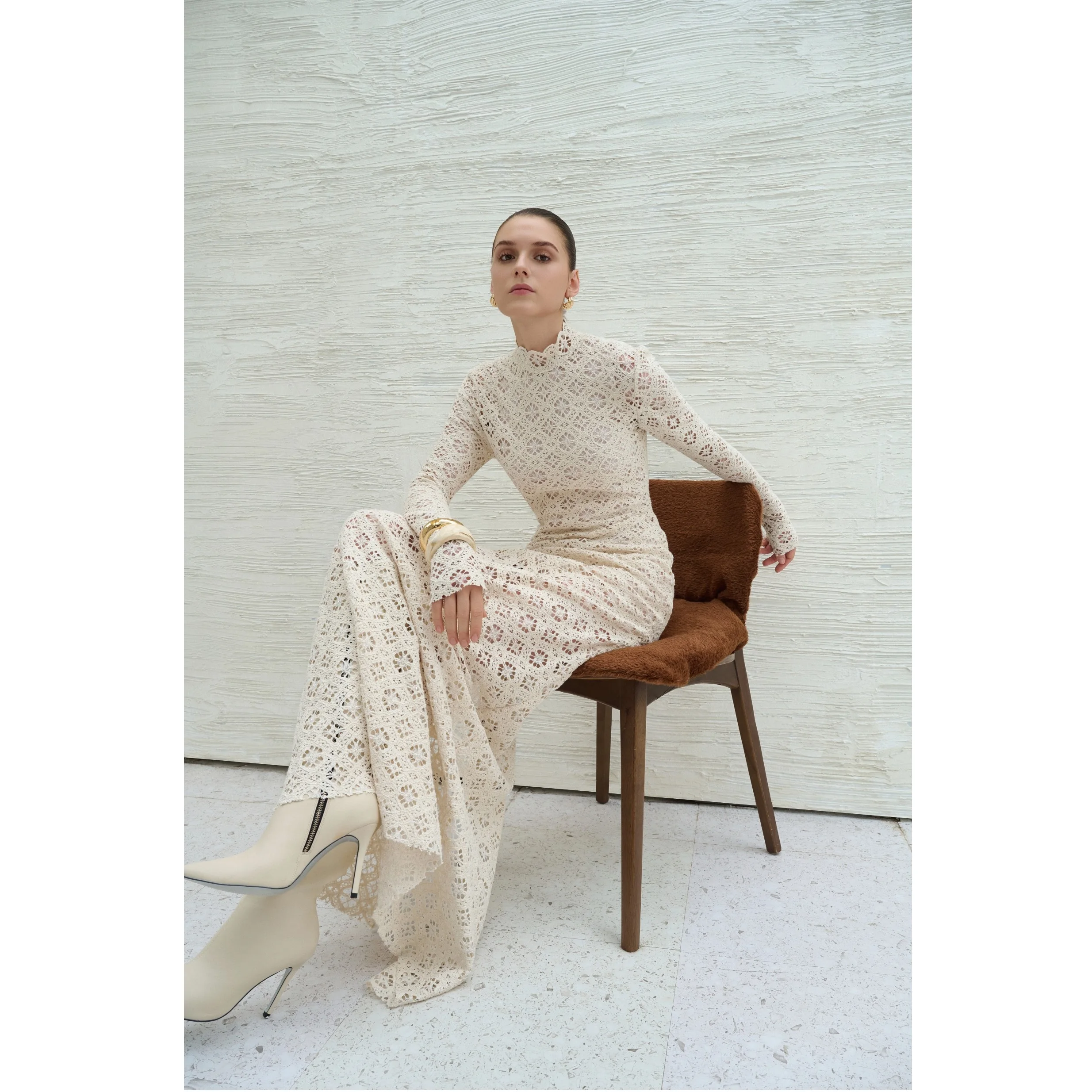 New Collection 2025 Dresses Women Casual ODM Service BINNAT EMB LACE LONG DRESS IVORY Elegant Long Sleeve Women Dresses