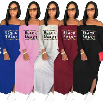 Long Sleeve Off The Shoulder Dress Oversized Ladies T Shirts Dresses Women Slash Neck Black Smart Letter Print Maxi