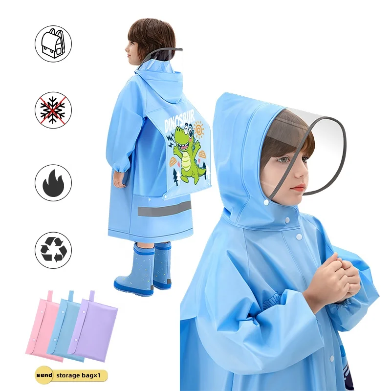 Children's EVA Waterproof Raincoat with Schoolbag Cartoon-Print rain coat for Boys School Outdoor Activities Hiking