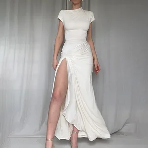 Summer Dress Slim Fit Long Dress with Sexy Waist Cinching Twisted Women's Clothing Slit Short Sleeved White Vestidos