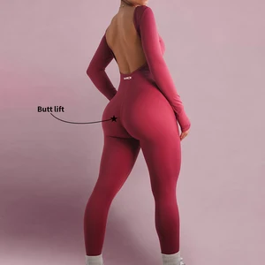 MIQI Custom Logo Plus Size Butt Lifting Bodysuit Clothes Backless Long Sleeve Workout Fitness Jumpsuits for Tall Girl