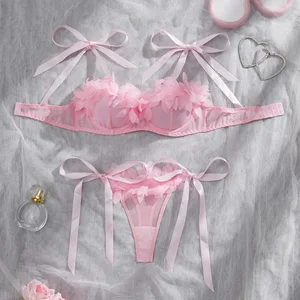 Factory Direct 2026 New Arrival Sexy Lingerie Mesh Sheer Bow Strap Seductive Hollow Out Combo Bra Set for Women