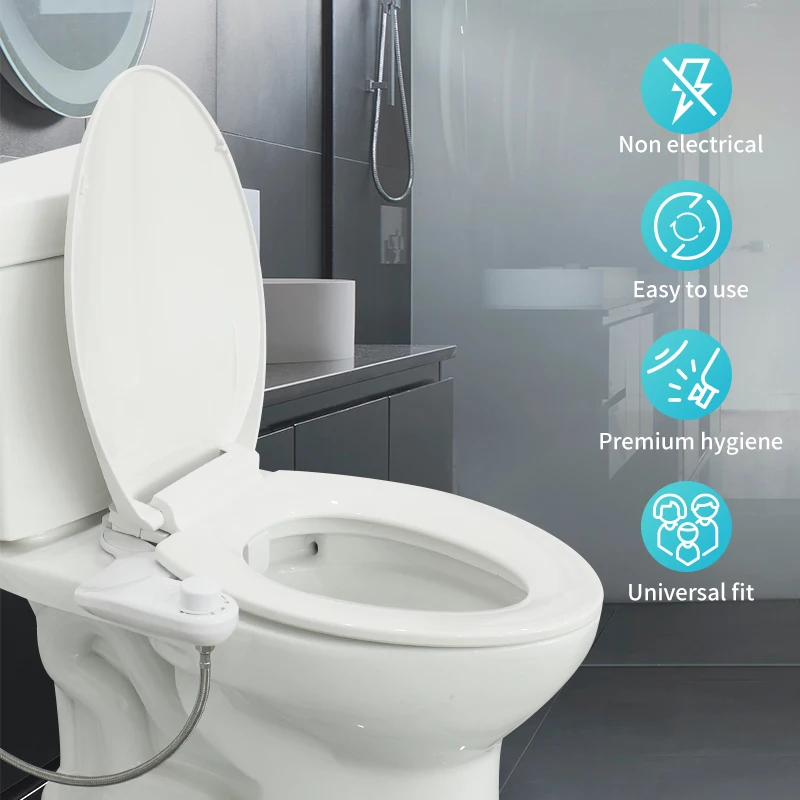 Non-Electric Toilet Bidet Attachment – Left/Right Reversible, Dual Nozzle, Adjustable Pressure, Easy Install