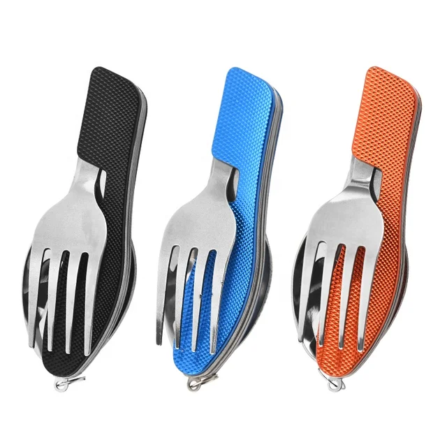 Custom outdoor camping tableware 4 in 1 portable folding tableware set Knife, Fork, Spoon, Bottle Opener combination