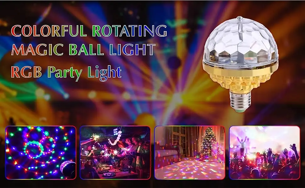 Luz de bola de discoteca rotativa colorida, lâmpada de festa de 7 cores, luz de bola mágica rotativa para decoração de festas de aniversário e natal