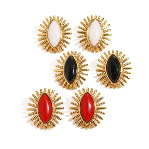 Stainless Steel 18K Gold Plated Vintage Chunky Enamel Earrings New Trendy Black Red White Agate Gemstone Studs