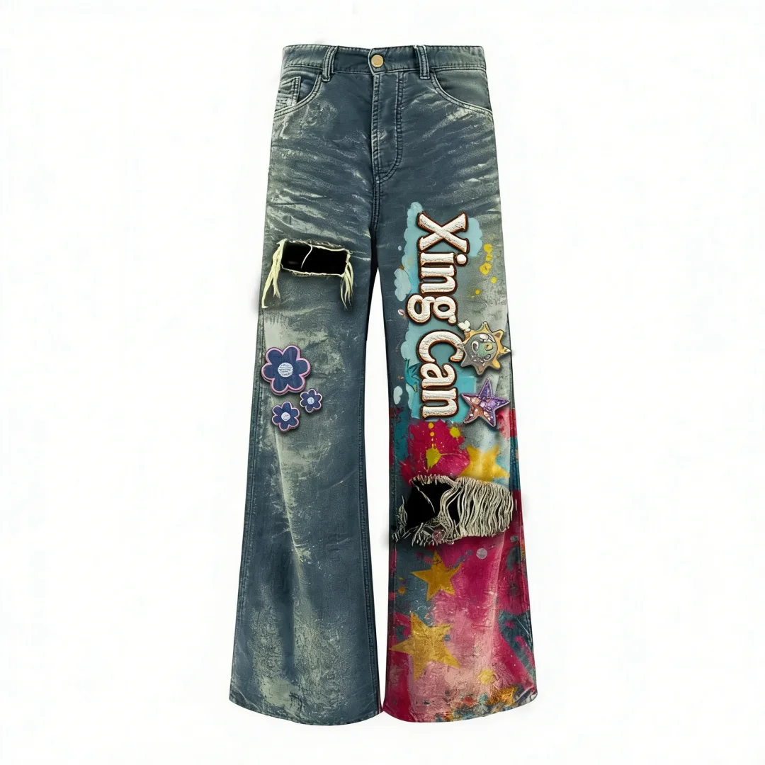 Upravované retro džíny ve streetwearovém stylu z 100 % bavlny – s potiskem, ručně malovanými a poškozenými prvky