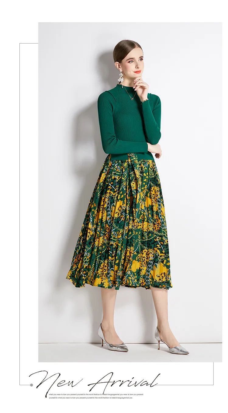 New Arrivals Women Knit Print Dress Gentle Pleat Dress Lady Floral