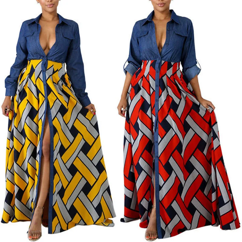 Denim And Woven Print Big Swing Dress 
