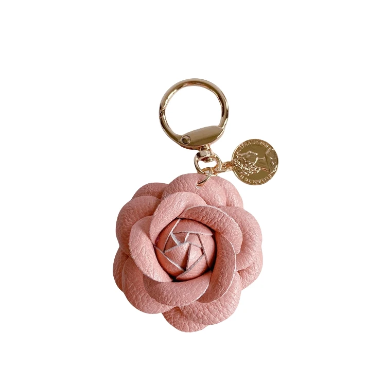 Cute Sweet Synthetic PU Leather Rose Camellia Flowers Keychain for
