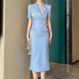 ZYHT 50913 Summer Women's Professional Career Dresses Short Sleeve 3D Flower Work Elegant African Pencil Office Ladies Dress