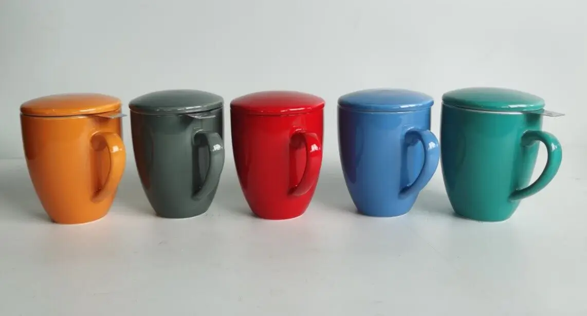 Custom Printed White Green 350ML 450ML Microwave Safe 15oz Ceramic Coffee Cup Set with Infuser and Lid for Travel and Holidays