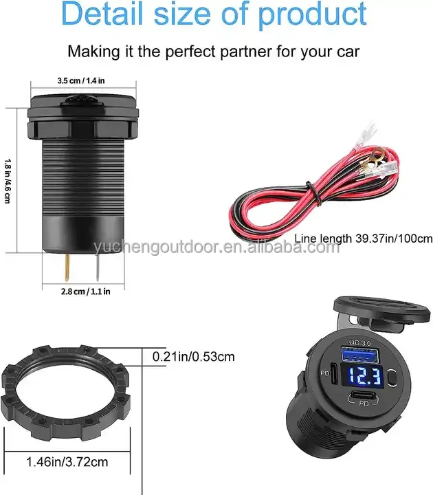 12V USB Outlet Qidoe USB C Car Charger Socket Dual PD 20W and 18W QC3.0 Port USB Car Socket with Voltmeter Button Switch