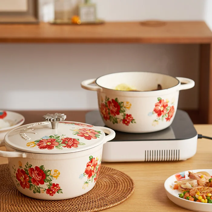 Kitchen Cooking Pot Sets Flower Pattern Big Shallow Cast Iron Cookware 30741