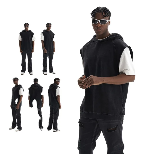 Custom Heavyweight Retro Washed Frayed Sleeveless Hoodie T-shirt Street Leisure Pure Cotton Sleeveless Vest T-shirt