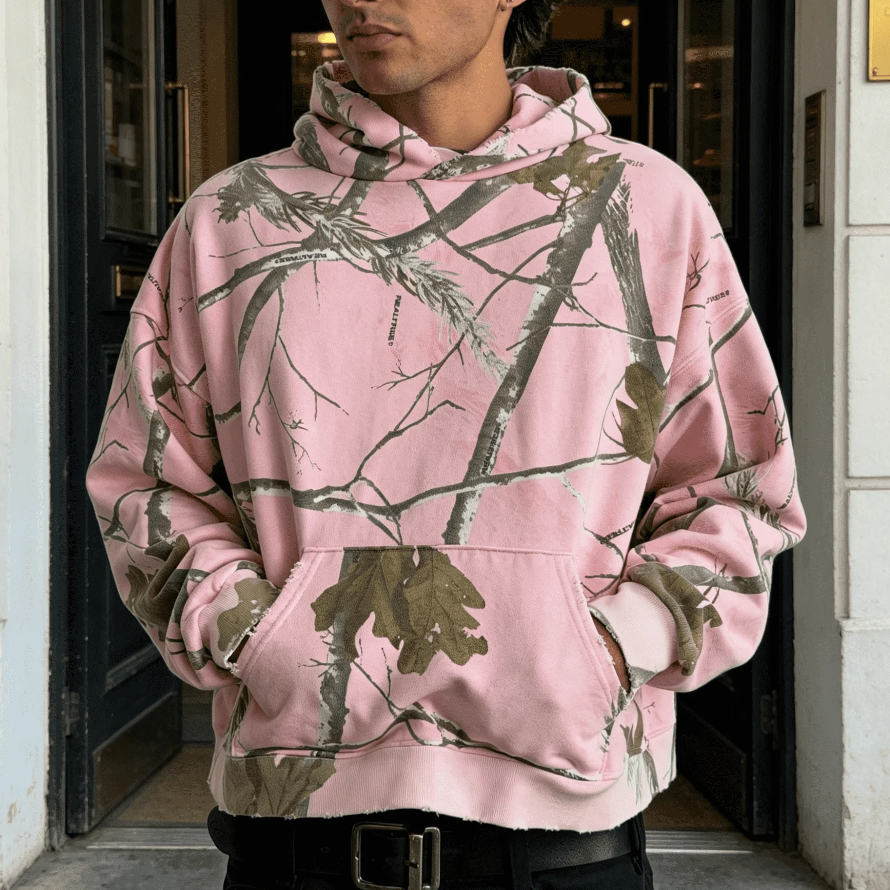 Custom Pink Real Tree Camo Cropped Hoodie and Sweatpants Two Piece Streetwear Tracksuit for Men gallery 4