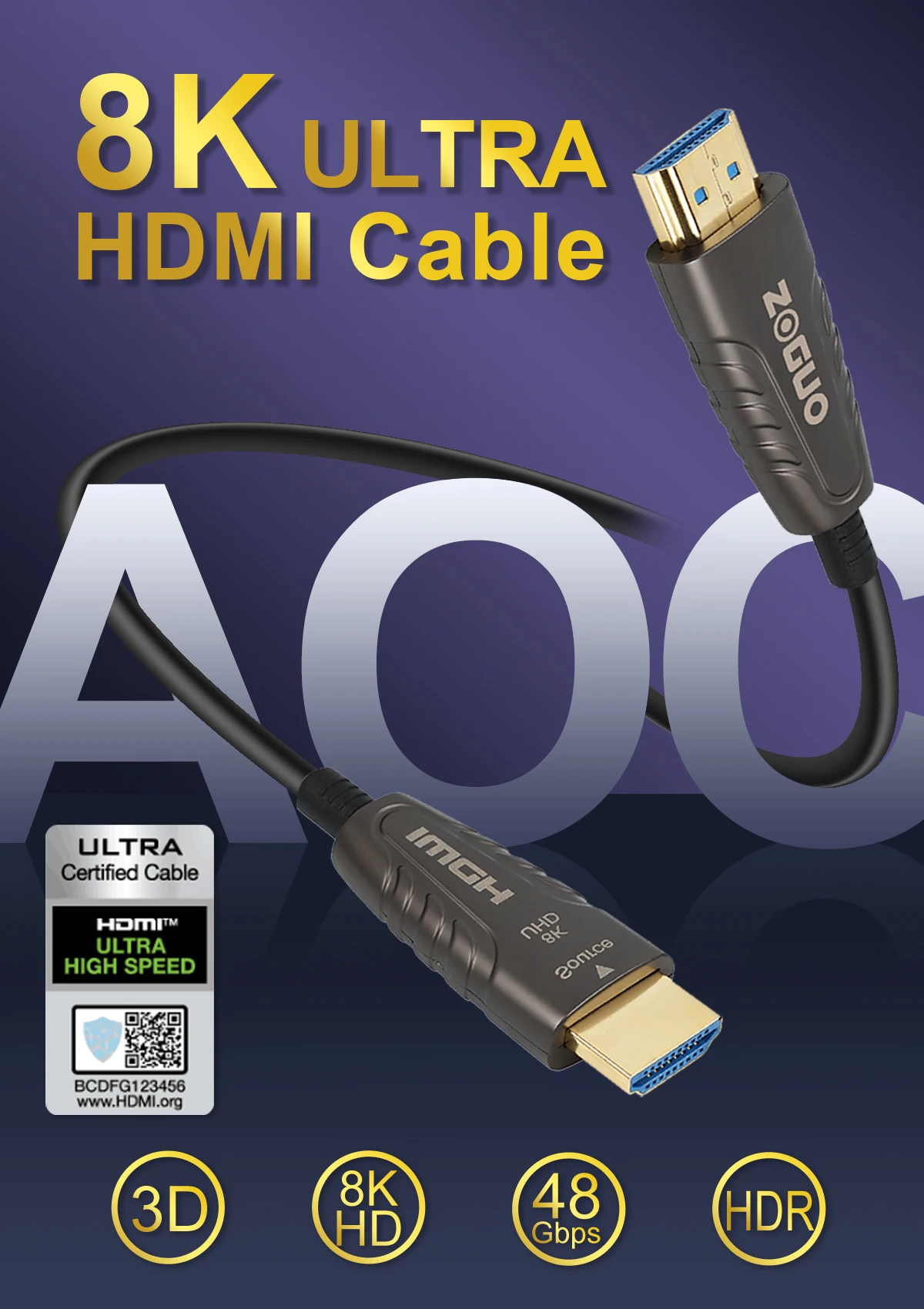 Fiber Optic Cable HDMI 2.1 8K 120Hz 48Gbps HDR HDCP 20m 25m 30m 40m 50m for