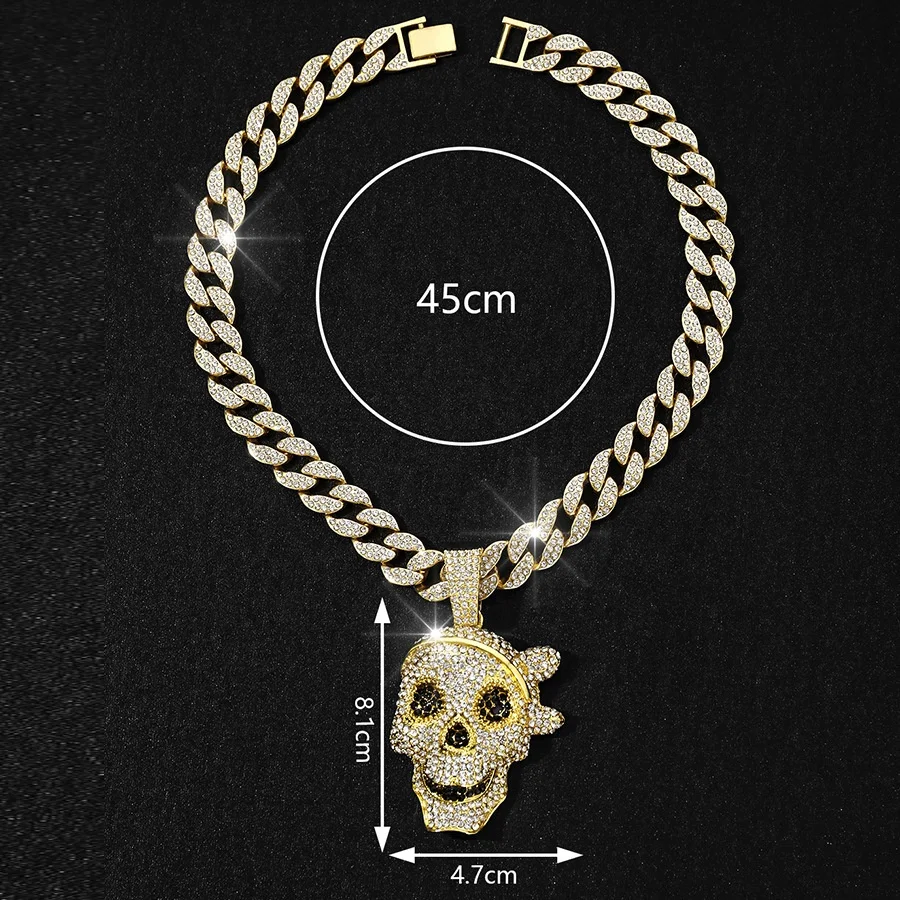 Skull Necklace For Men Chunky Iced Out Cuban Link Chain Hip Hop Bling
