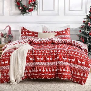 Skin-Friendly Bedding Sets 8 Corner Ties Prevent Slipping Christmas Decorations Printed Red Duvet Covers