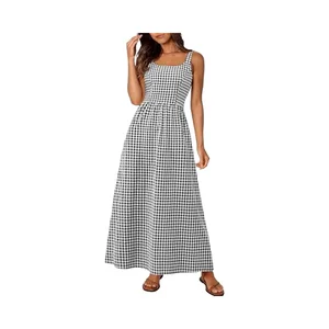 Women's 2025 Summer Woven Spaghetti Strap A-line Floor-Length Casual Party Sundress Worsted Plain Dyed Square Stand Natural