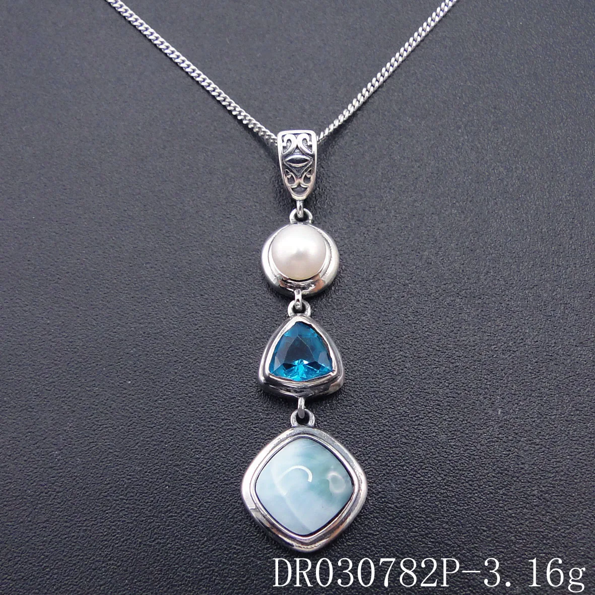 925 Silver LARIMAR Blue Topaz Pendant w/ Chain Necklace P275~Silverwave*uk