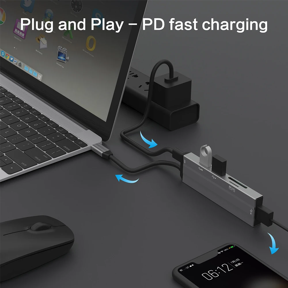 
 6 в 1 Многофункциональный usb-кабель для передачи данных Док-станция USB C USB концентратор с SD устройство для считывания с tf-карт 3 * USB-A PD зарядная станция для Macbook Air, iPad и Тип C ноутбук с ОС Windows  